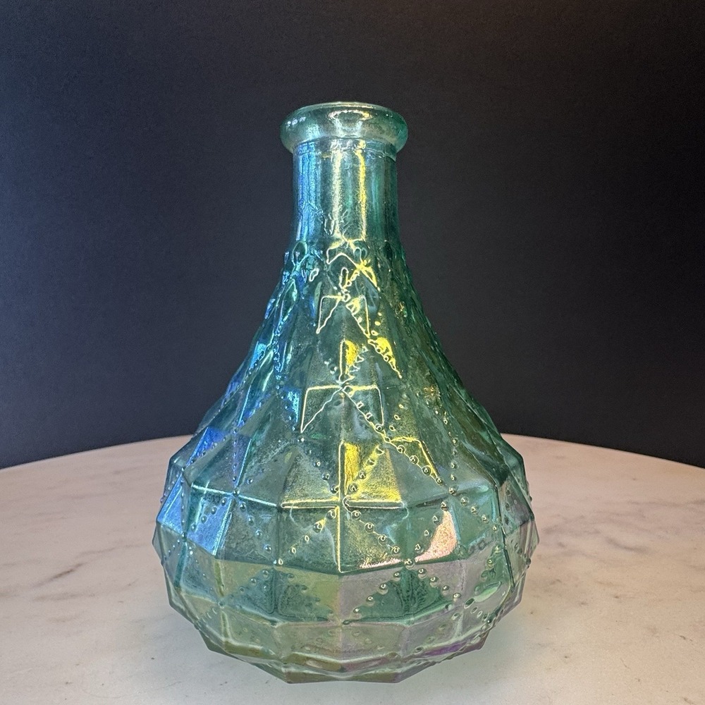 Fenton Iridescent Bud Vase Green Blue 5" Carnival Glass Quilted Diamond Pattern